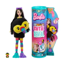 Barbie Barbie Cutie Reveal Tucano, Serie Amici Della Giungla, Bambola Con Costume Da Tucano Di Peluche E 10 Sorprese Con Tecnologia Cambia Colore, Giocattolo Per Bambini, 3+ Anni, Hkr00
