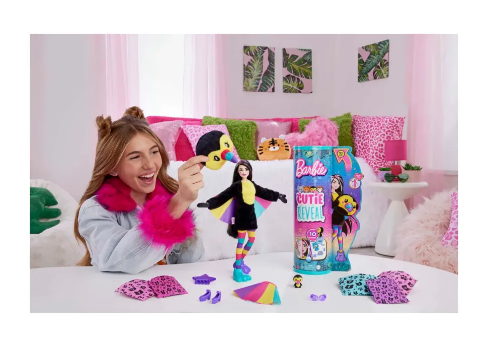 Barbie Barbie Cutie Reveal Tucano, Serie Amici Della Giungla, Bambola Con Costume Da Tucano Di Peluche E 10 Sorprese Con Tecnologia Cambia Colore, Giocattolo Per Bambini, 3+ Anni, Hkr00