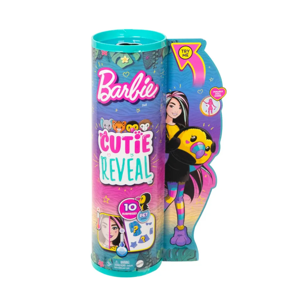 Barbie Barbie Cutie Reveal Tucano, Serie Amici Della Giungla, Bambola Con Costume Da Tucano Di Peluche E 10 Sorprese Con Tecnologia Cambia Colore, Giocattolo Per Bambini, 3+ Anni, Hkr00