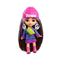 Barbie Barbie Extra Mini Minis, Bambola Con Capelli Castani E Abito Di Maglia Con Alieno, Abiti E Accessori Con Simbolo Della Pace, Giocattolo Per Bambini, 3+ Anni, Hln46