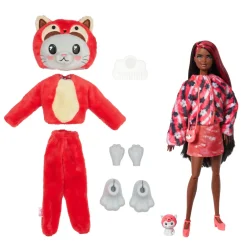 Barbie Cutie Reveal Bambola Con Costume Di Peluche Da Gattino-Panda Rosso E 10 Accessori A Sorpresa Cambia Colore, Serie Amici Cuccioli