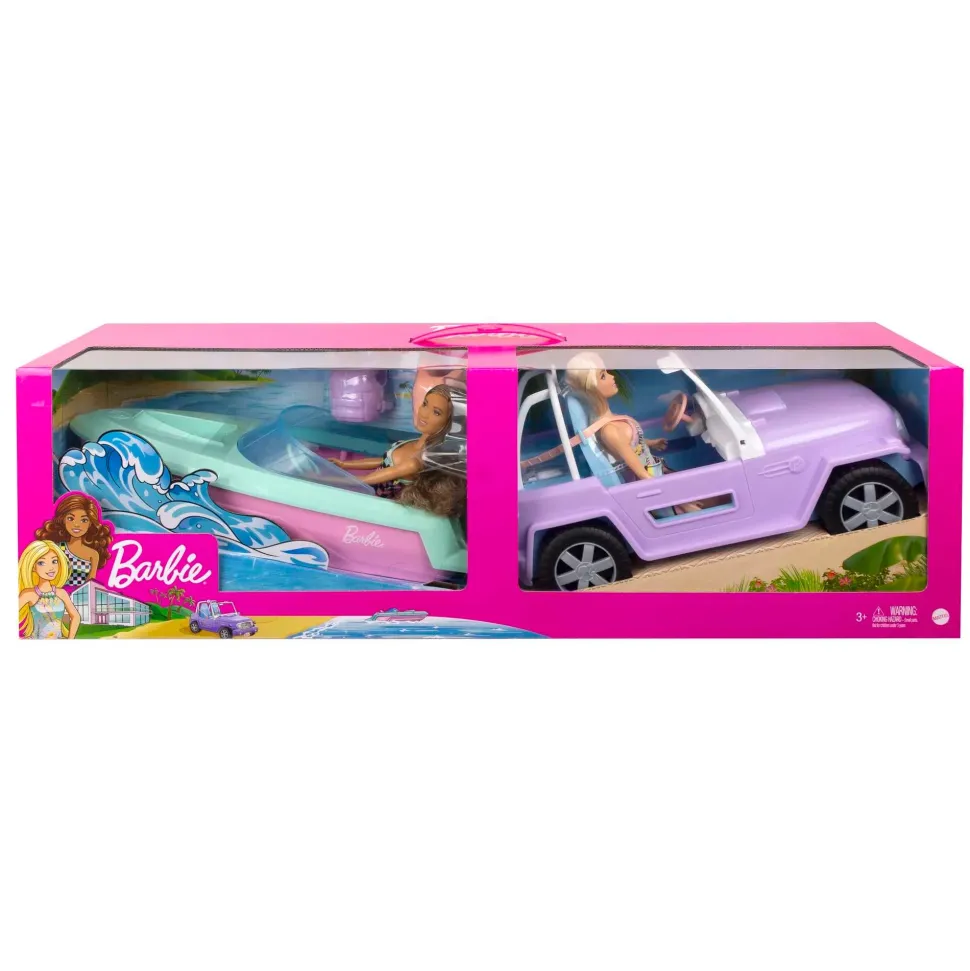 Barbie® Set Con 2 Bambole Con Abiti E Accessori, Veicolo Fuoristrada, Barca Galleggiante E 2 Giubbotti Di Salvataggio