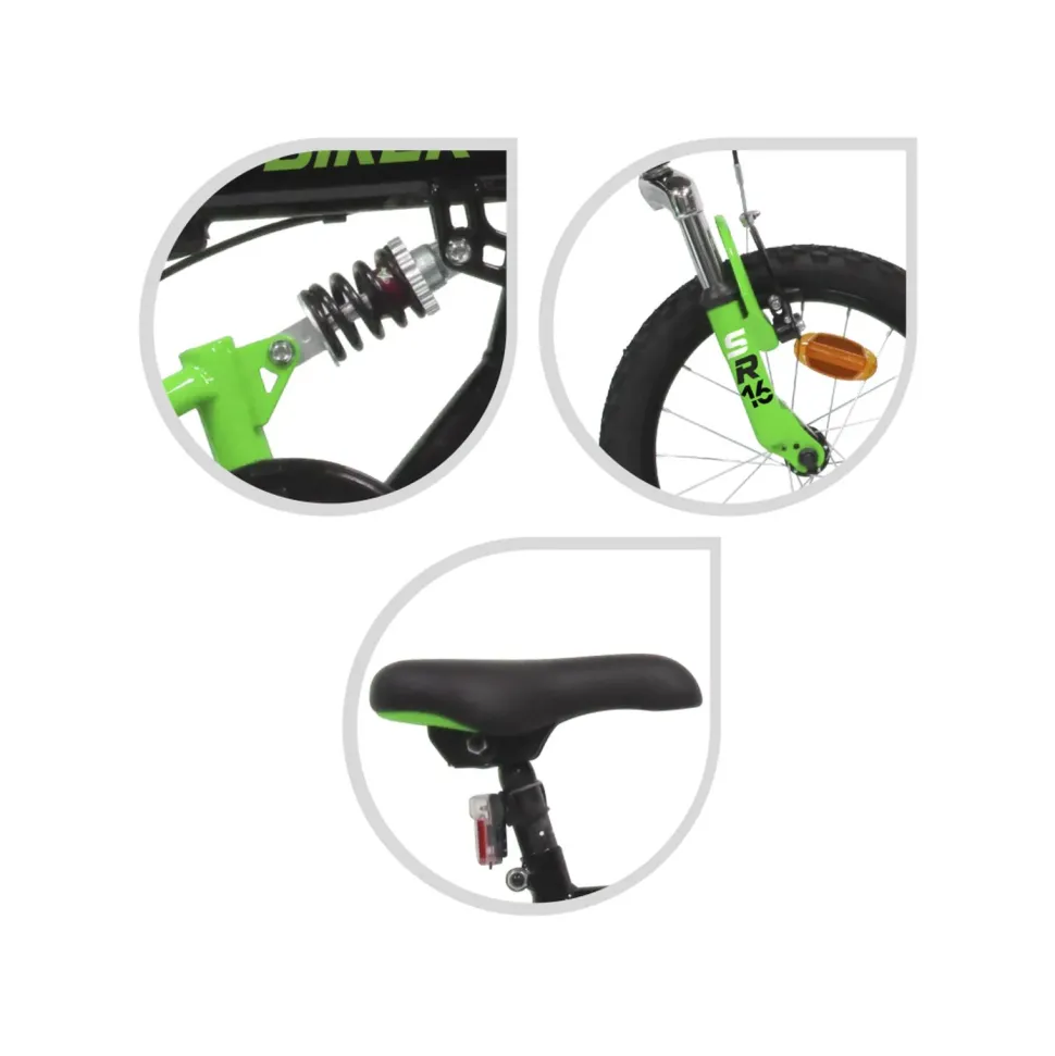 Bicicletta 16" Luxury Dallo Stile Sportivo Nero E Verde Sistema A 2 Freni V-Brake Struttura In Acciaio Adatta Per Bambini Dai 8-12 Anni
