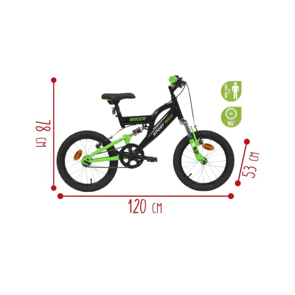 Bicicletta 16" Luxury Dallo Stile Sportivo Nero E Verde Sistema A 2 Freni V-Brake Struttura In Acciaio Adatta Per Bambini Dai 8-12 Anni
