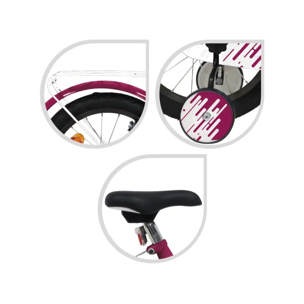 Bicicletta 16" Luxury Dallo Stile Sportivo Magenta Sistema A 2 Freni V-Brake Struttura In Acciaio Adatta Per Bambini Dai 8-12 Anni