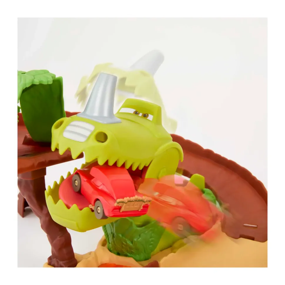 Disney Pixar Cars Set Parco Dei Dinosauri, Pista Con Dinosauro Con Azione Morso, 1 Veicolo Saetta Mcqueen Preistorico Incluso, Giocattolo Per Bambini, 4+ Anni, Hmd74
