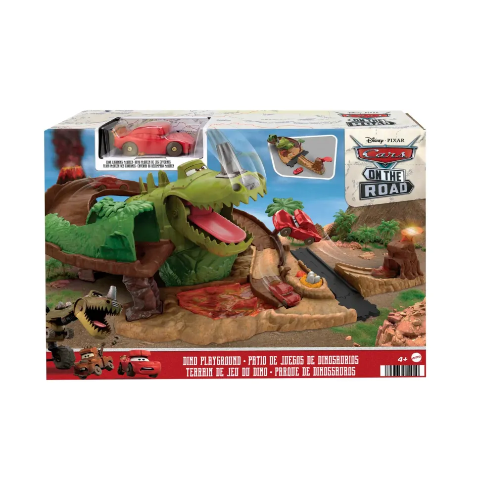 Disney Pixar Cars Set Parco Dei Dinosauri, Pista Con Dinosauro Con Azione Morso, 1 Veicolo Saetta Mcqueen Preistorico Incluso, Giocattolo Per Bambini, 4+ Anni, Hmd74