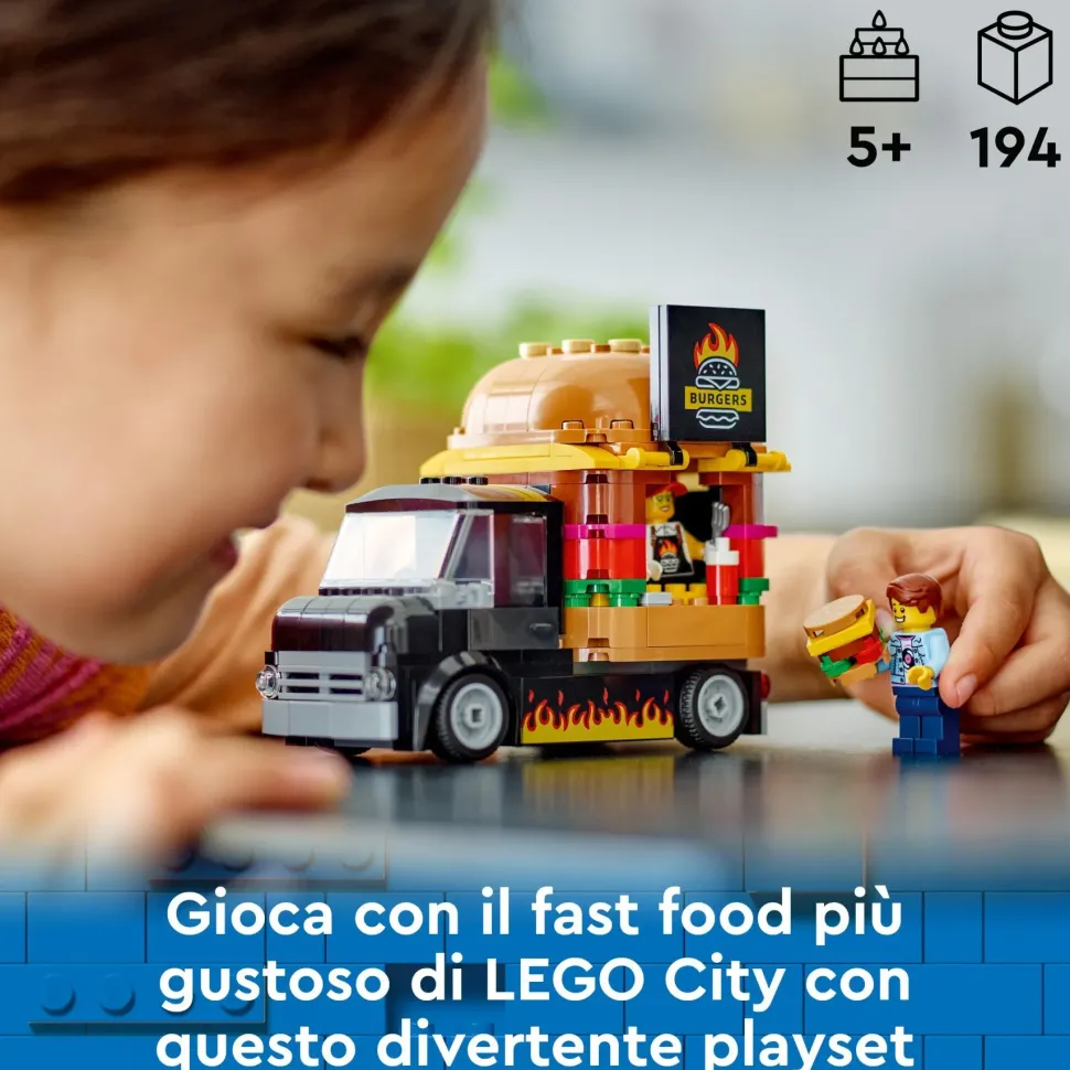 Lego City 60404 Furgone Degli Hamburger Giocattolo, Veicolo Per Bambini 5+ Anni, Camion Food Truck Con Accessori E 2 Minifigure