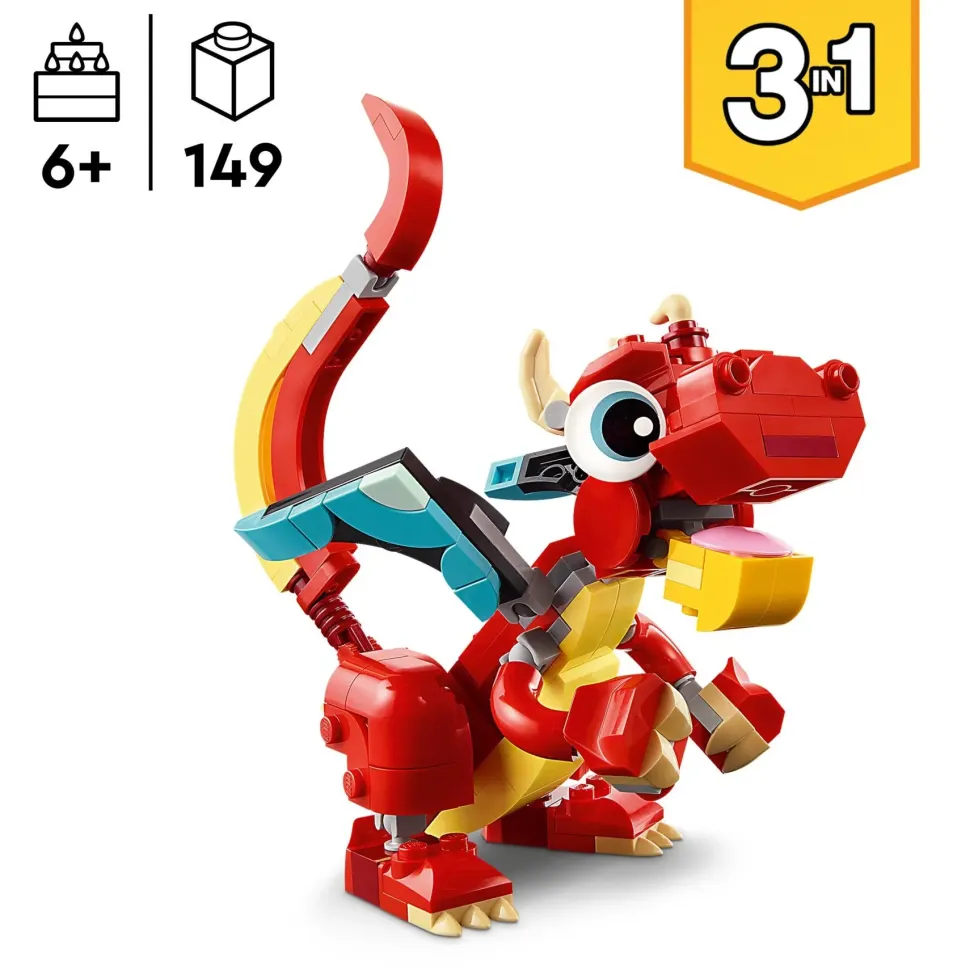 Lego Creator 31145 3In1 Drago Rosso, Giochi Per Bambini Di 6+ Anni, Action Figure Ricostruibile In Pesce E Fenice Giocattolo