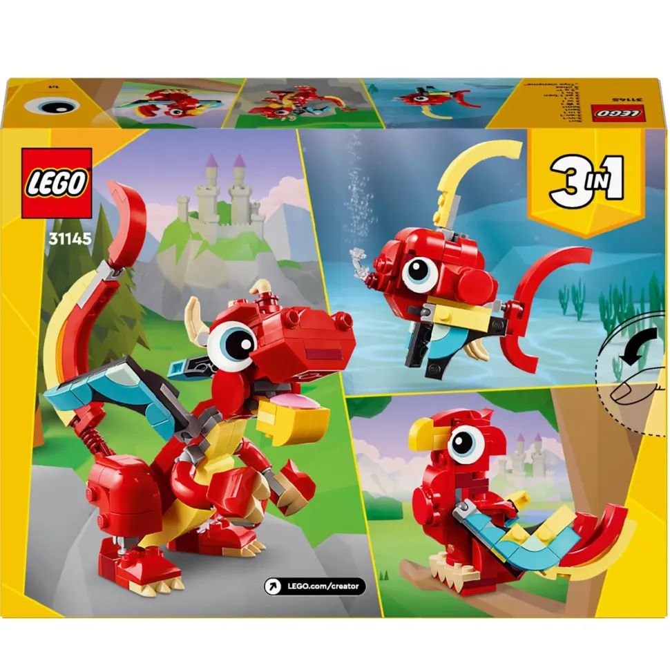 Lego Creator 31145 3In1 Drago Rosso, Giochi Per Bambini Di 6+ Anni, Action Figure Ricostruibile In Pesce E Fenice Giocattolo