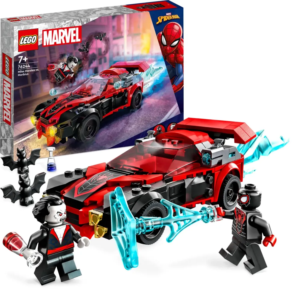 Lego Marvel 76244 Miles Morales Vs. Morbius, Spider-Man Giocattolo Per Bambini Con Macchina Da Corsa E Minifigure Di Spidey