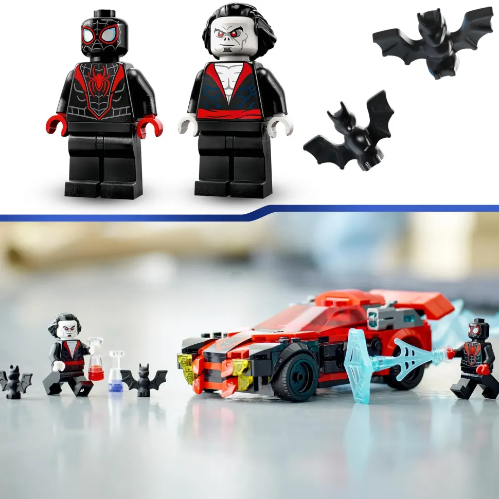 Lego Marvel 76244 Miles Morales Vs. Morbius, Spider-Man Giocattolo Per Bambini Con Macchina Da Corsa E Minifigure Di Spidey