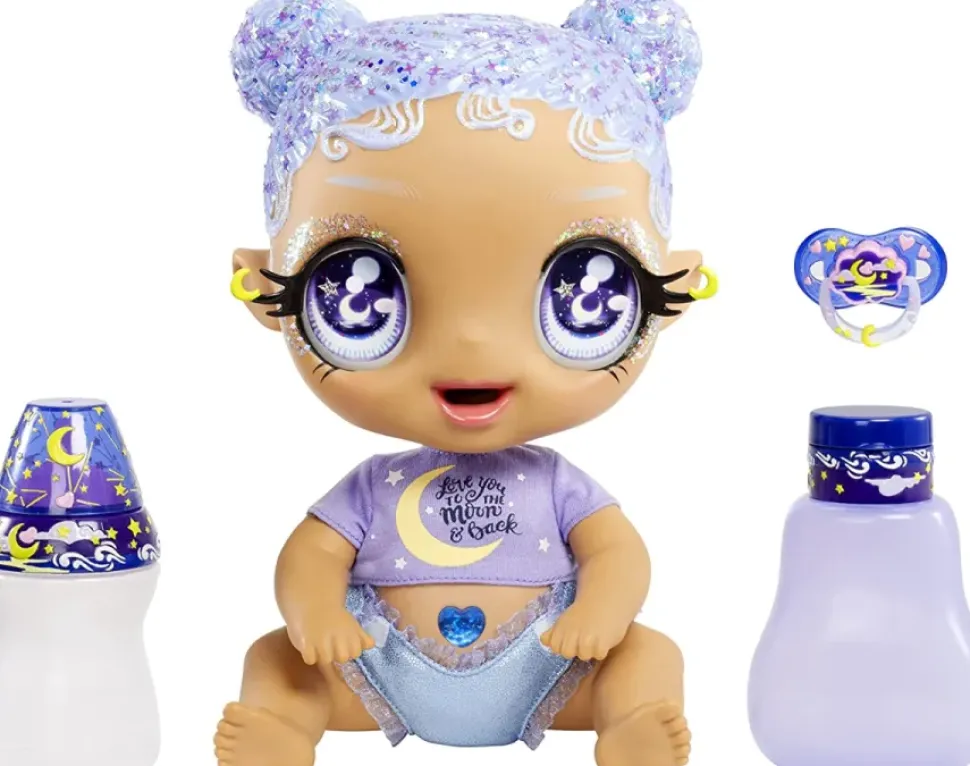 Mga'S Glitter Babyz Selena Stargazer Bambola Con 3 Cambi Di Colore, Capelli Viola Glitterati, Vestito Con Luna E Stelle, Accessori, Biberon E Ciuccio