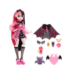Monster High Draculaura, Bambola Con Accessori E Cucciolo Di Pipistrello, Snodata E Alla Moda Con Capelli Rosa E Neri, Giocattolo Per Bambini, 4+ Anni, Hhk51