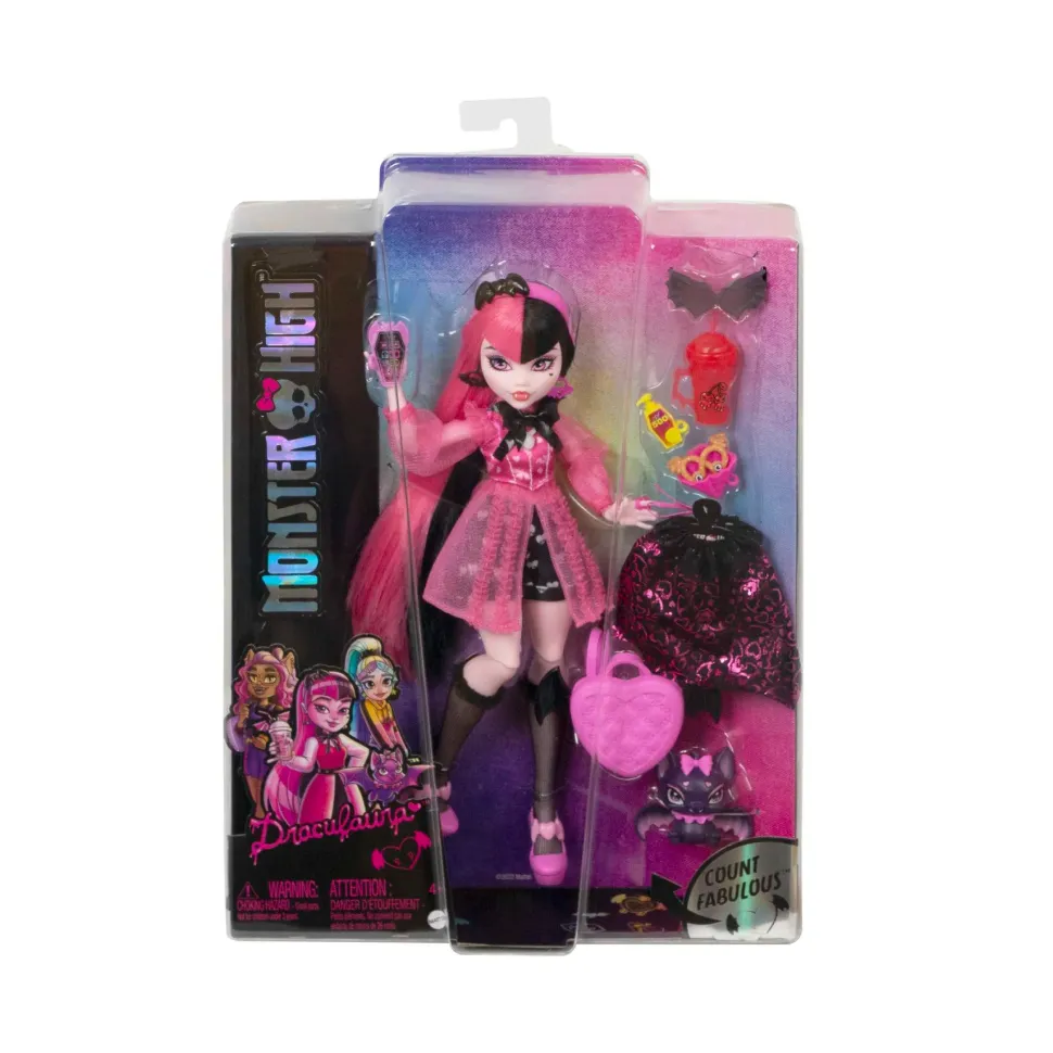 Monster High Draculaura, Bambola Con Accessori E Cucciolo Di Pipistrello, Snodata E Alla Moda Con Capelli Rosa E Neri, Giocattolo Per Bambini, 4+ Anni, Hhk51