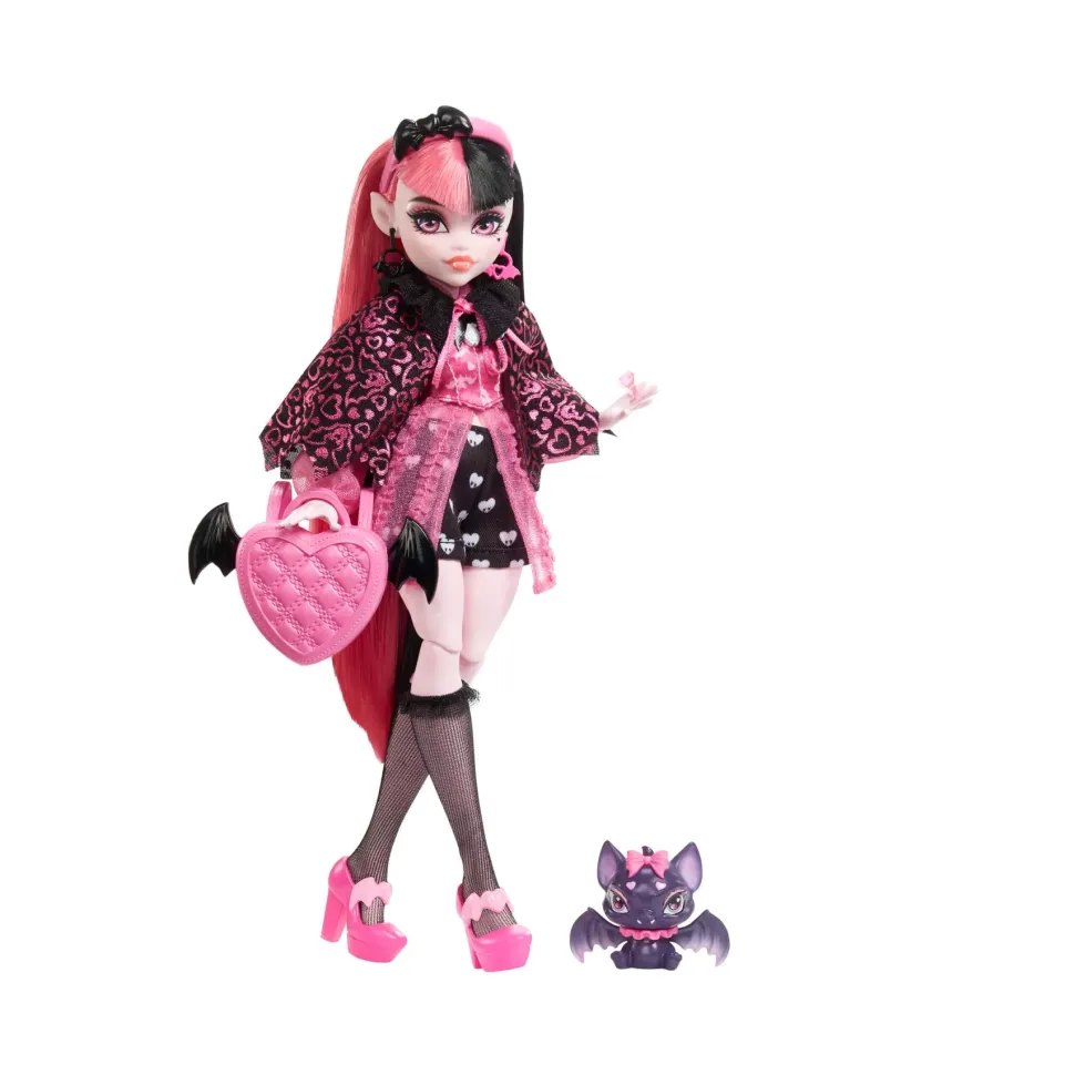 Monster High Draculaura, Bambola Con Accessori E Cucciolo Di Pipistrello, Snodata E Alla Moda Con Capelli Rosa E Neri, Giocattolo Per Bambini, 4+ Anni, Hhk51