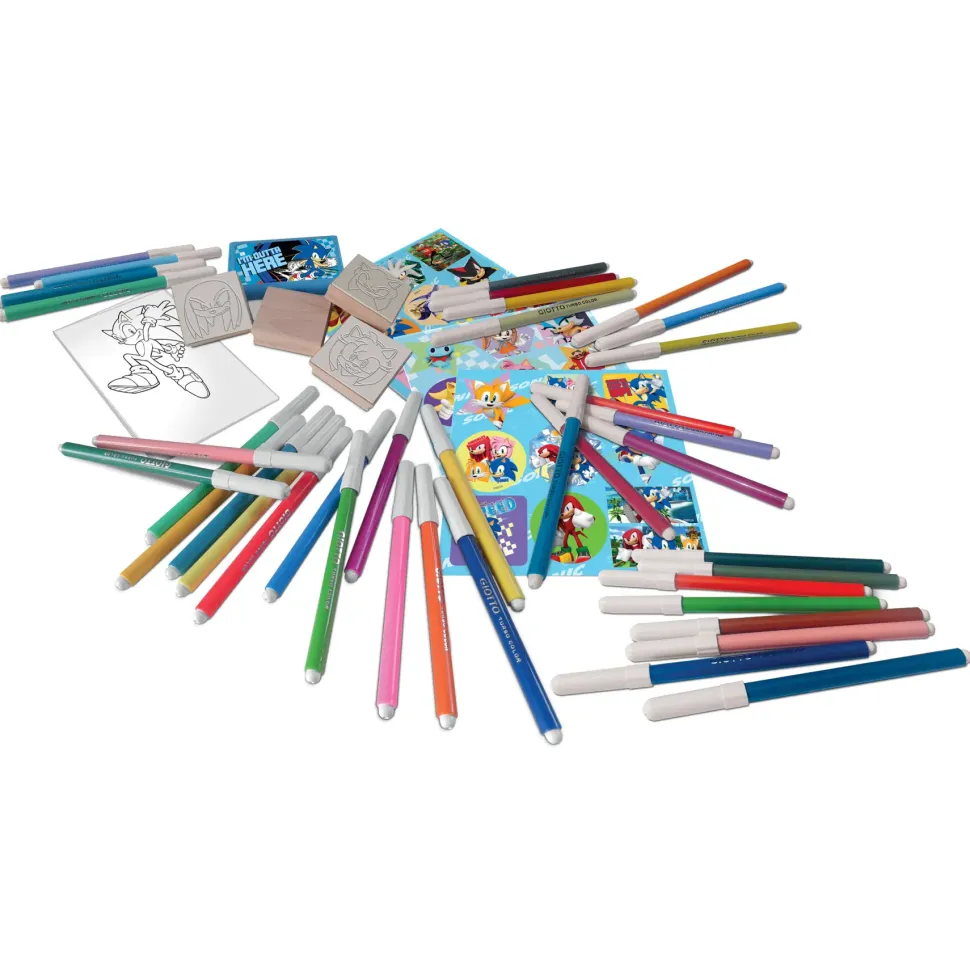 Multiprint Set 4 Timbri Per Bambini E 60 Pennarelli Colorati Sonic
