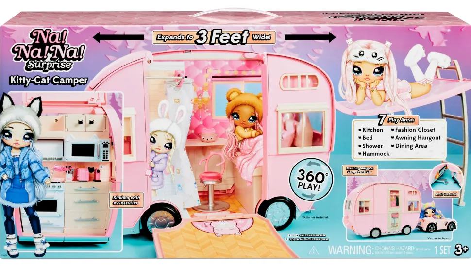 Na Na Na Surprise Kitty-Cat-Camper Rosa Con Orecchie E Coda Da Gatto 7 Aree Di Giochi Tra Cui Cucina Completa, Amaca E Accessori