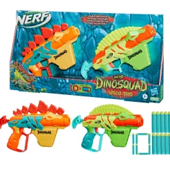 Nerf, Dinosquad Stego-Duo, 2 Blaster, 10 Dardi Nerf Elite 2.0, 2 Design A Forma Di Stegosauro, Blaster Nerf In Gommapiuma Per Giochi All'Aperto Di Bambini E Bambine