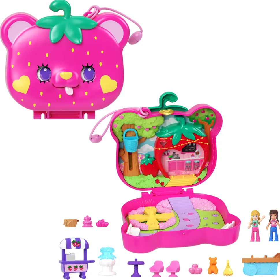 Polly Pocket Cofanetto Orsetto Fragolino, Playset Da Viaggio Con Esterno Interattivo, 2 Micro Bambole E 12 Accessori Inclusi