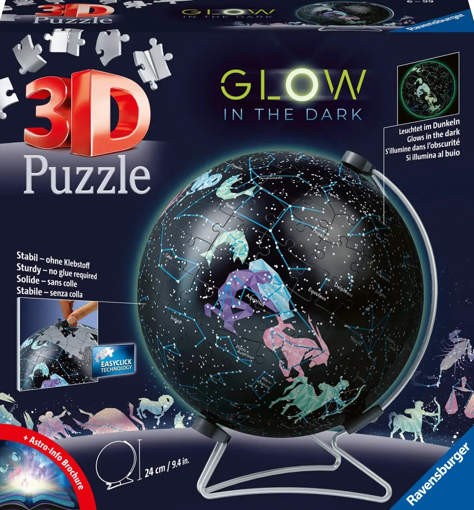 Ravensburger 3D Puzzle Globo Glow In The Dark Costellazioni, Impara Al Geografia In Inglese, 180 Pezzi, 6+ Anni