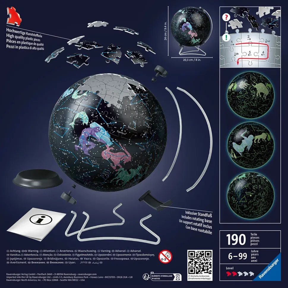 Ravensburger 3D Puzzle Globo Glow In The Dark Costellazioni, Impara Al Geografia In Inglese, 180 Pezzi, 6+ Anni