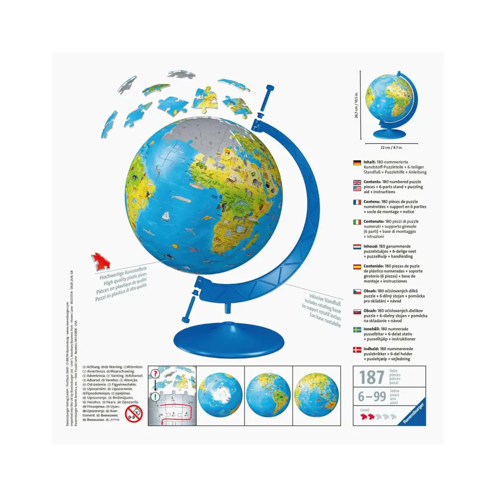 Ravensburger 3D Puzzle Globo, 180 Pezzi, 6+ Anni