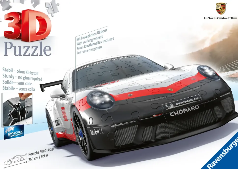 Ravensburger 3D Puzzle Porsche 911 Gt3 Cup, Veicolo, 108 Pezzi, 10+ Anni
