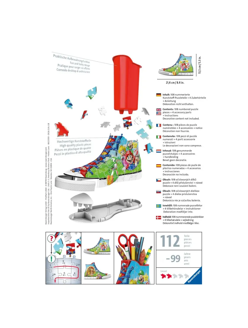 Ravensburger 3D Puzzle Portapenne Sneaker Super Mario Edition, 108 Pezzi, 8+ Anni