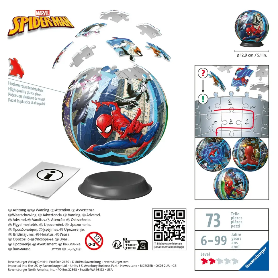 Ravensburger 3D Puzzle Puzzle Ball Spiderman, 72 Pezzi, 6+ Anni