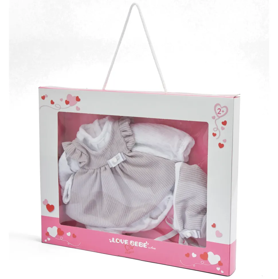 Vestito Bebe Reborn 45 Cm Beige A Coste Con Camicia Bianca E Decorazioni Argentate
