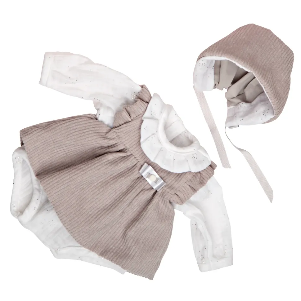 Vestito Bebe Reborn 45 Cm Beige A Coste Con Camicia Bianca E Decorazioni Argentate